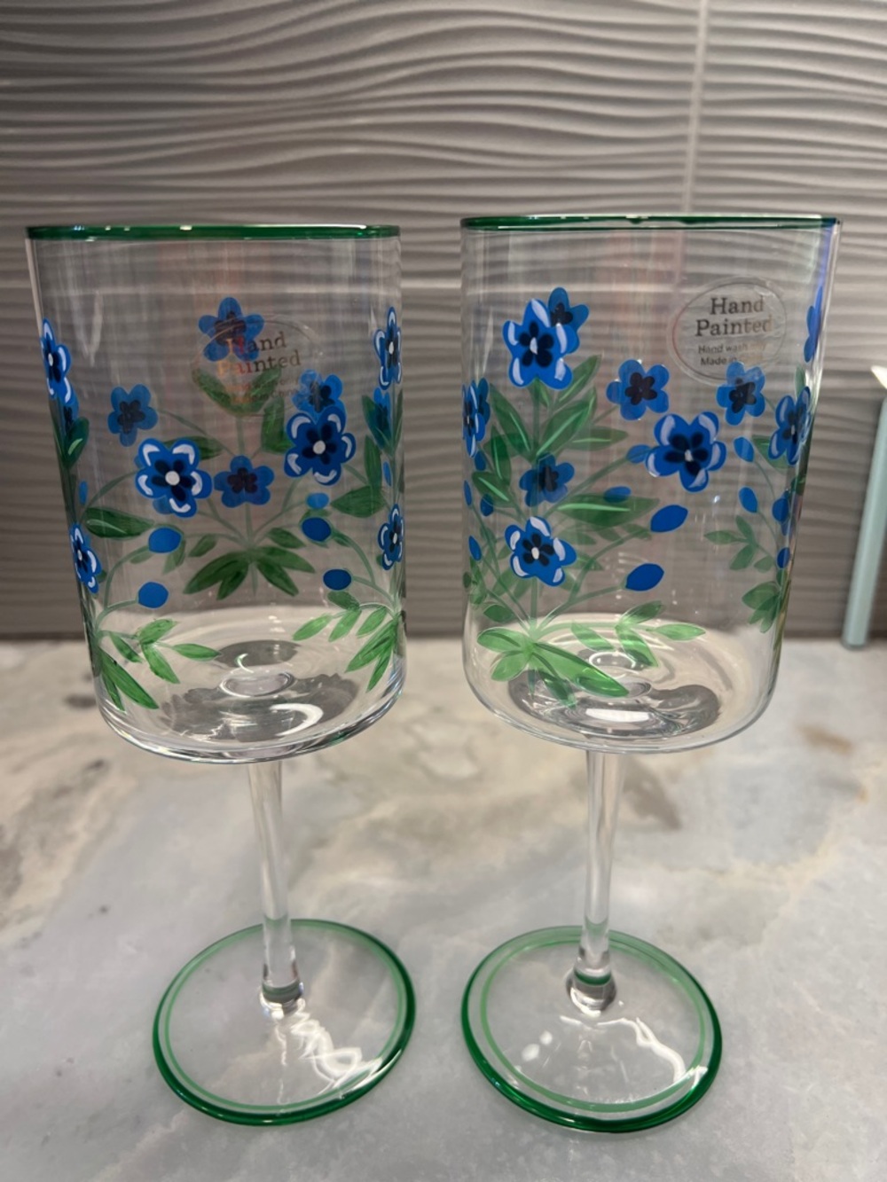 NWT - Blue Floral Hand-Painted Wine Glasses with Green Trim (Pair)